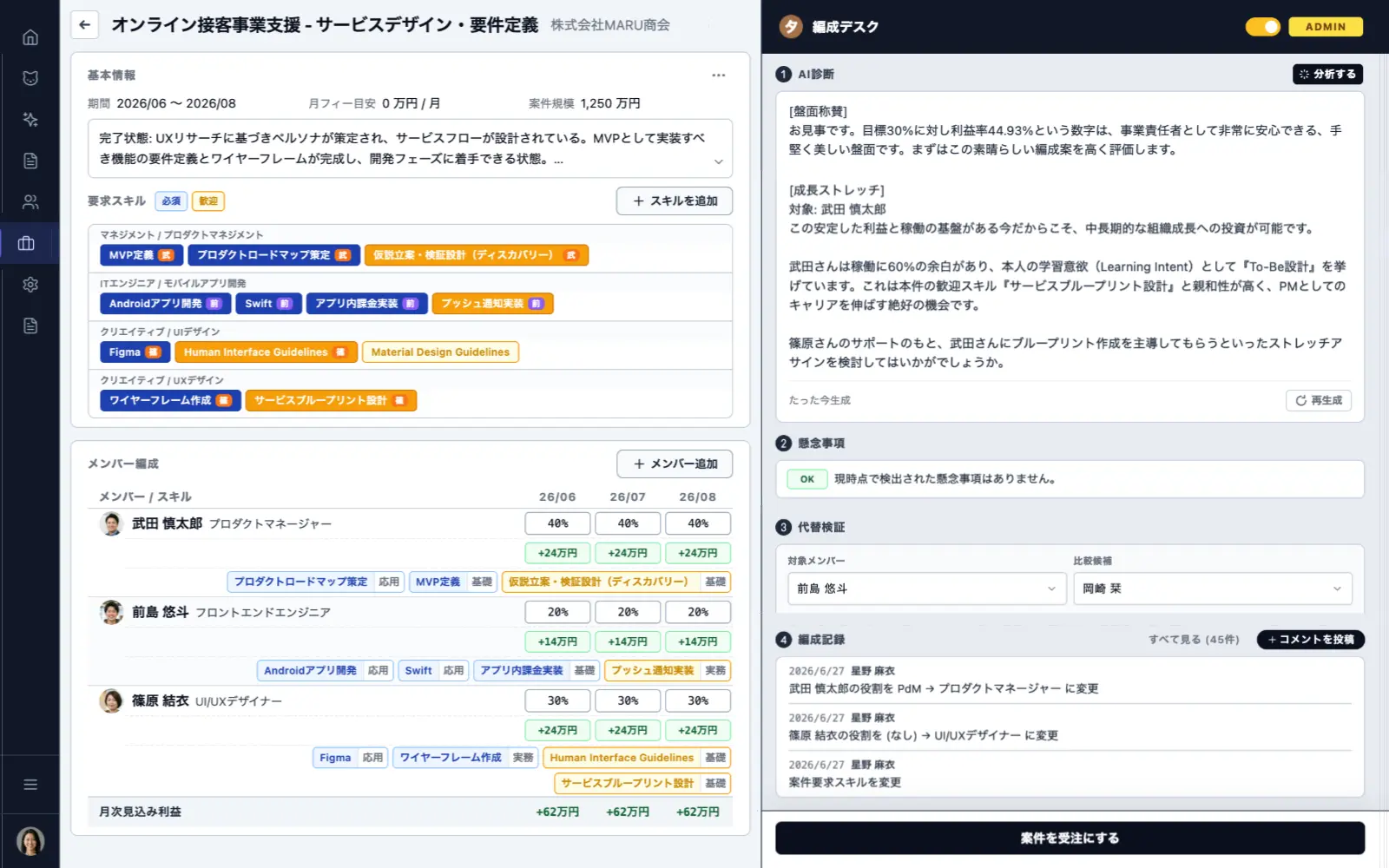 CATCAREERアサインメント プロジェクト編成画面